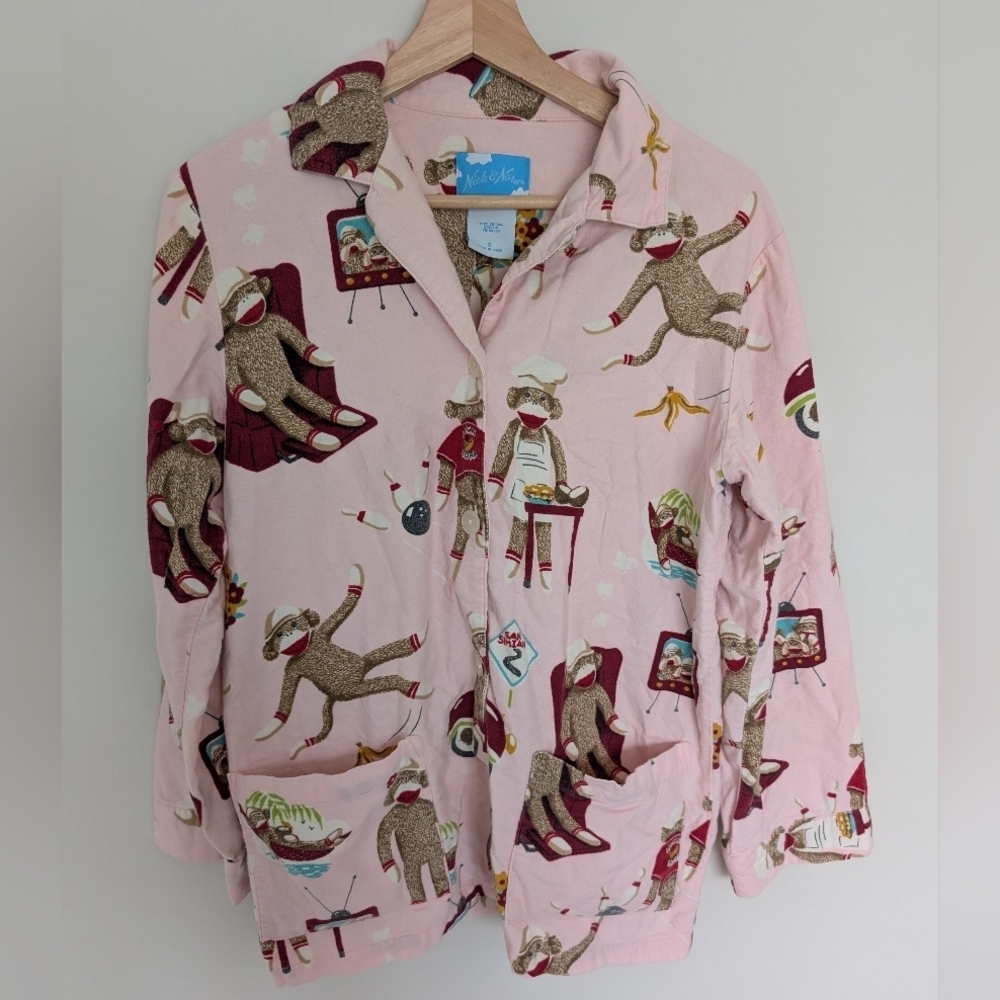 Nick & Nora Women's Small Cotton Sock Monkey Baking Bowling TV Pajama Top Pink